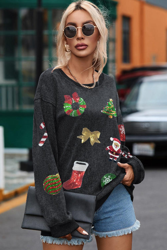 Sequins Corduroy Christmas Symbols Sweatshirt - Klazzi Fashion Boutique