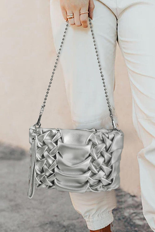 Silver Leather Woven Shoulder Bag