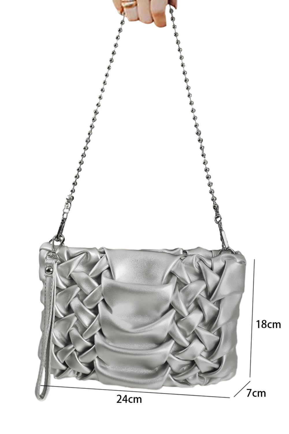 Silver Leather Woven Shoulder Bag