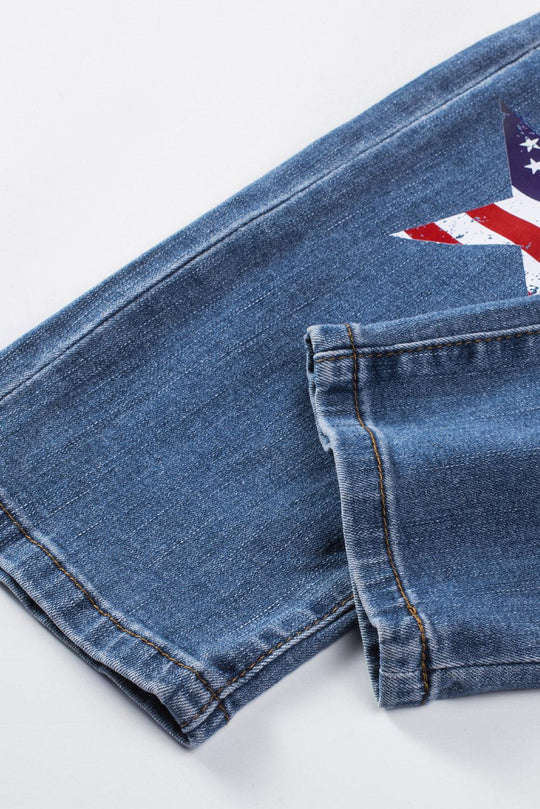 Sky Blue American Flag Patched Distressed Jeans - Klazzi Fashion Boutique