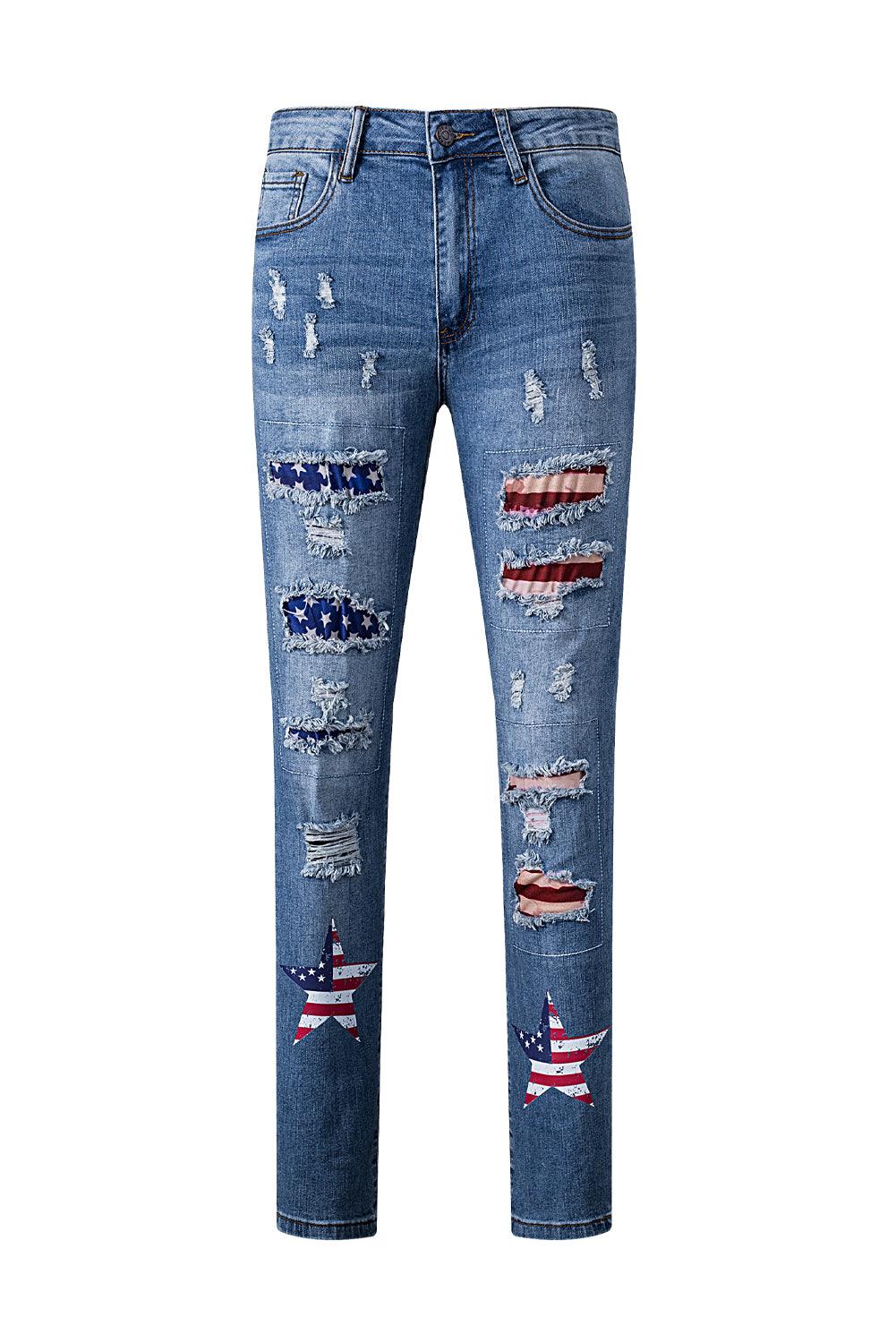 Sky Blue American Flag Patched Distressed Jeans - Klazzi Fashion Boutique