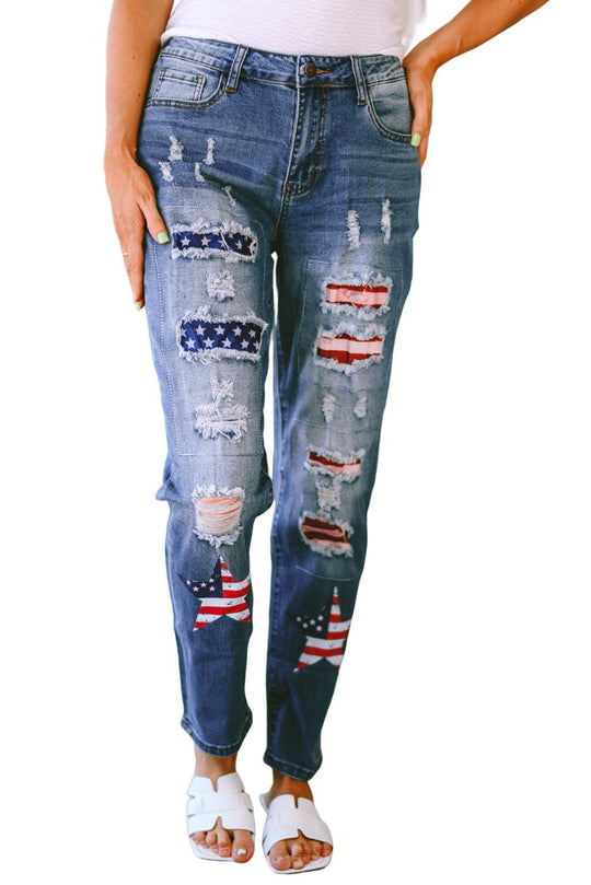 Sky Blue American Flag Patched Distressed Jeans - Klazzi Fashion Boutique