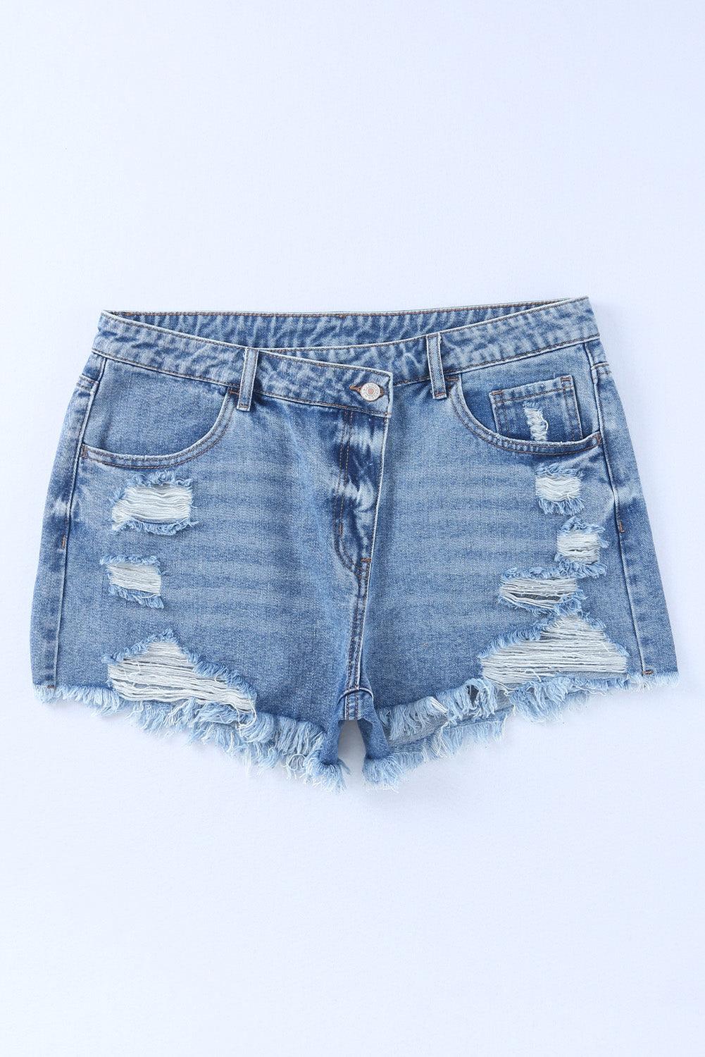  High Rise Crossover Denim Shorts