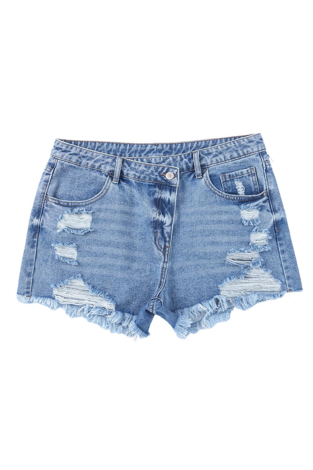 Sky Blue High Rise Crossover Waist Denim Shorts - Klazzi Fashion Boutique