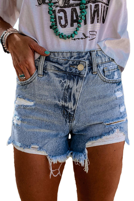 Sky Blue High Rise Crossover Waist Denim Shorts - Klazzi Fashion Boutique