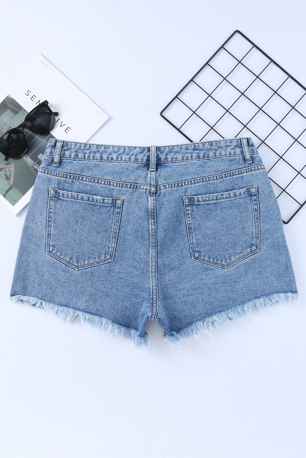 Sky Blue High Rise Crossover Waist Denim Shorts - Klazzi Fashion Boutique