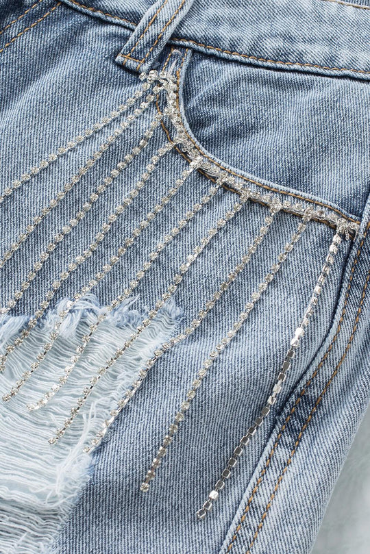 Sky Blue Rhinestone Tassel Distressed Denim Shorts - Klazzi Fashion Boutique