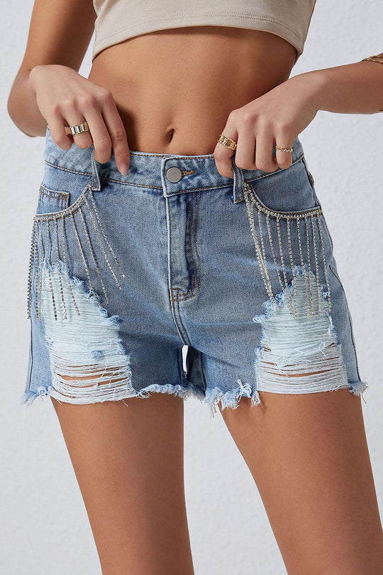 Dazzling Lynn Rhinestone Tassel Denim Shorts