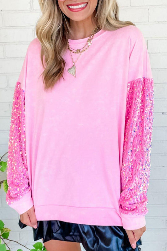 Sparking Pink Sequin Long Sleeve Sweateter - Klazzi Fashion Boutique