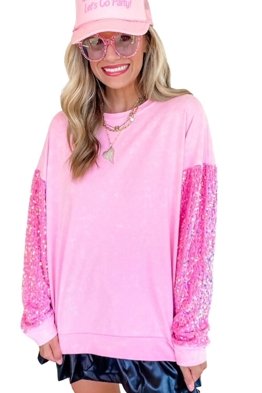 Sparking Pink Sequin Long Sleeve Sweateter - Klazzi Fashion Boutique