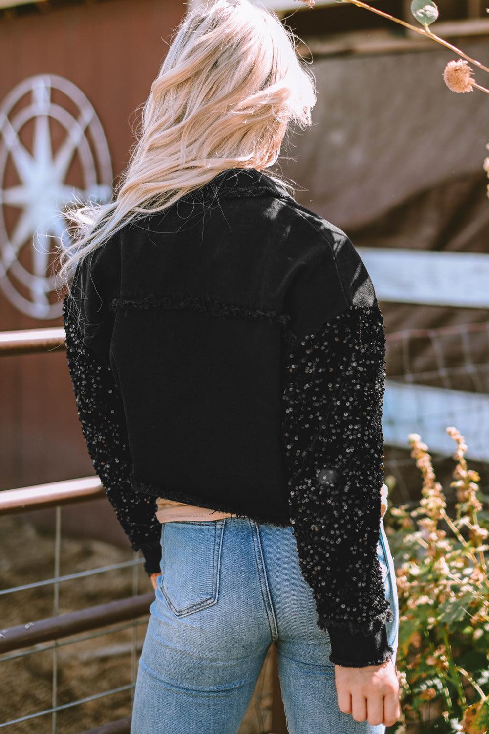 Sparkle Black Sequin Denim Jacket - Klazzi Fashion Boutique