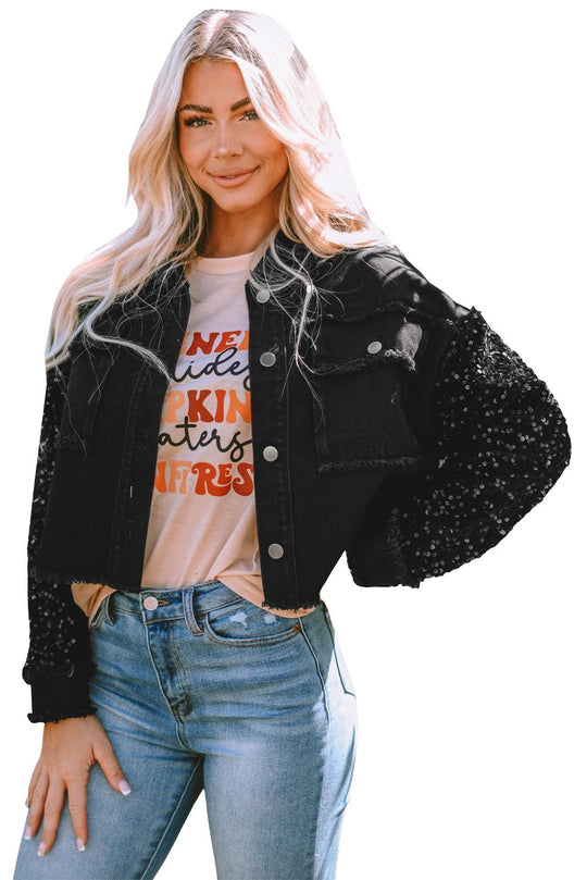 Sparkle Black Sequin Denim Jacket - Klazzi Fashion Boutique