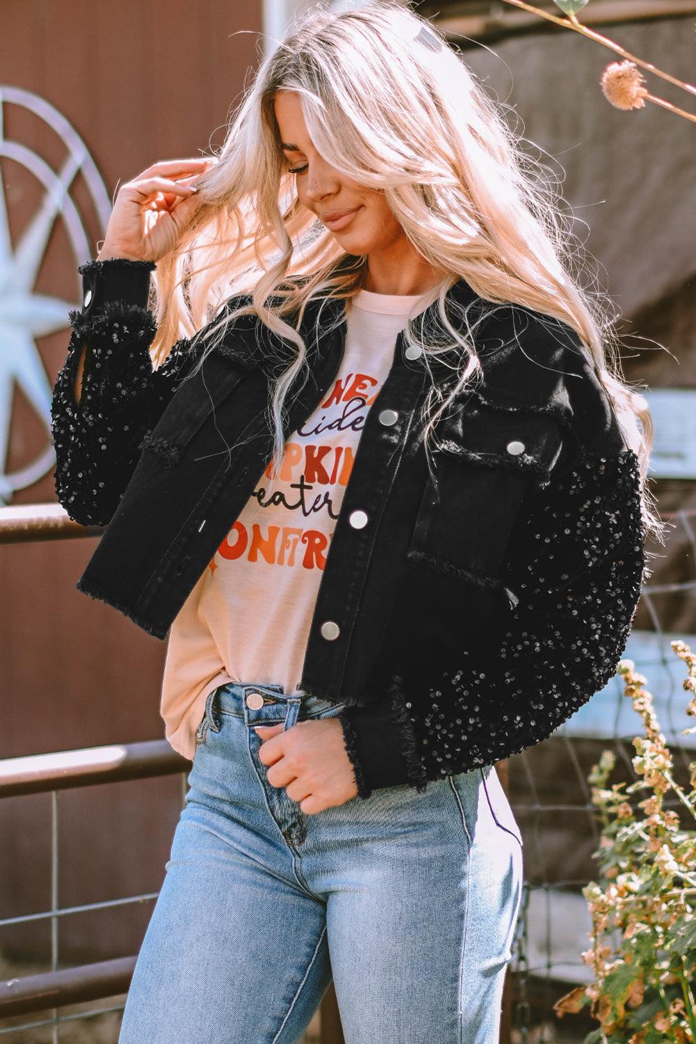 Sparkle Black Sequin Denim Jacket - Klazzi Fashion Boutique