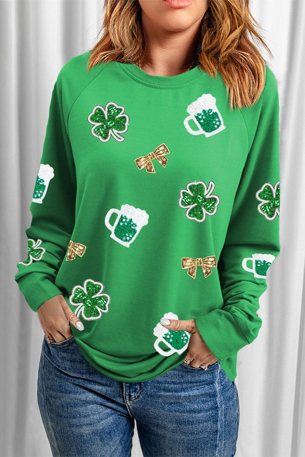 St Patrick Sequin Bows and Beers Patches Sweatshirt