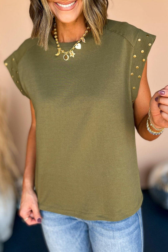 Susan Studded Olive Green Short Sleeve Blouse