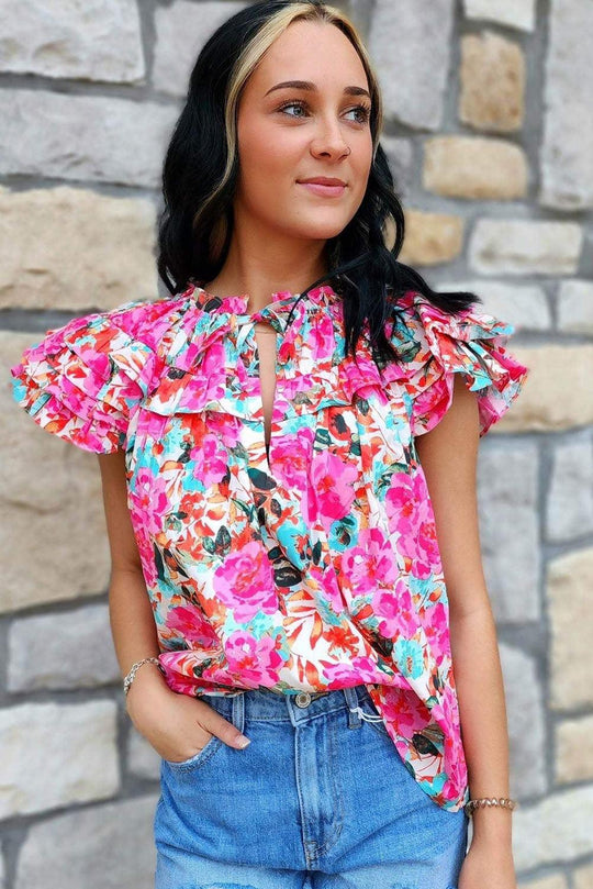 Sweet Ruffle Flutter Sleeve Floral Blouse