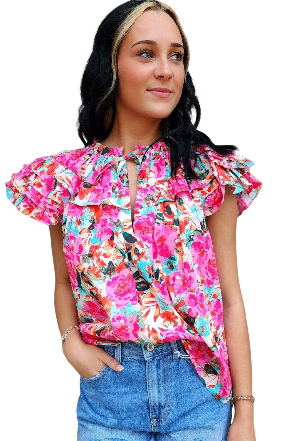 Sweet Ruffle Flutter Sleeve Floral Blouse