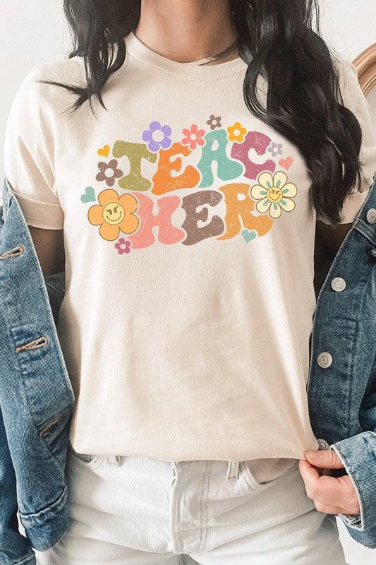  Pastel 'Teacher" Floral Lash Smiley Graphic Tee