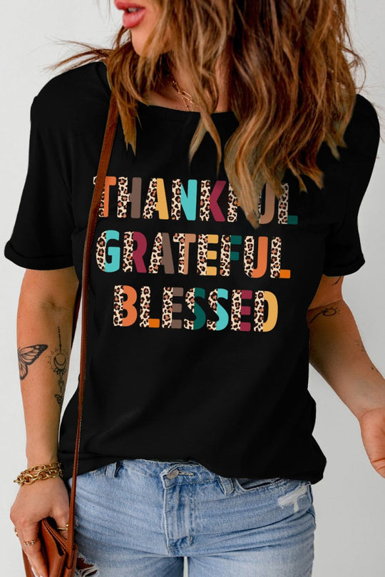 "Thankful Grateful Blessed" Leopard T-Shirt - Klazzi Fashion Boutique