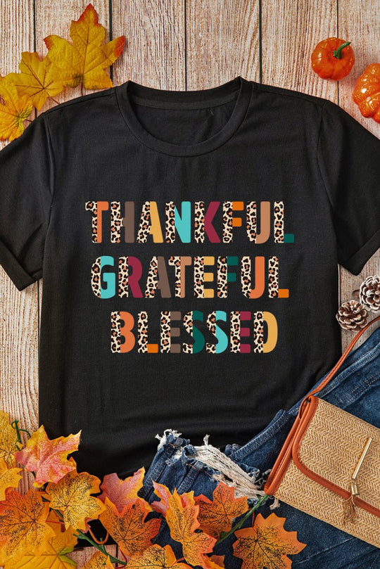 "Thankful Grateful Blessed" Leopard T-Shirt - Klazzi Fashion Boutique