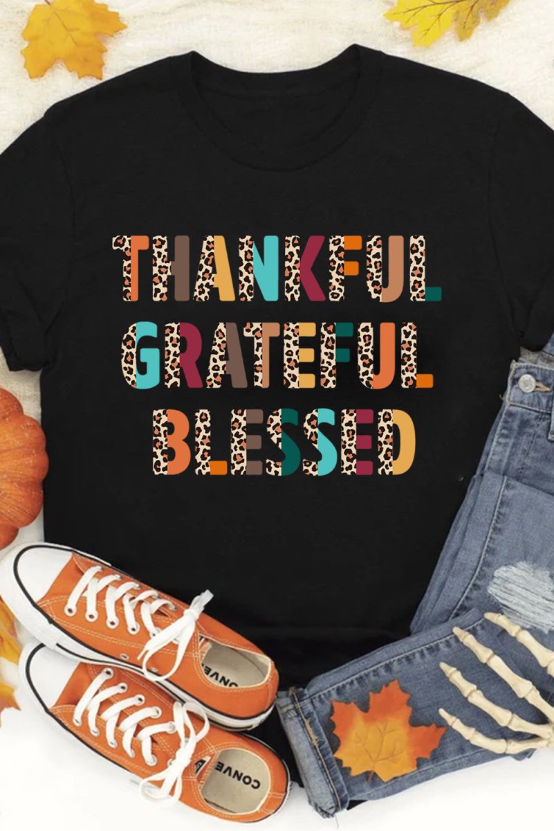 "Thankful Grateful Blessed" Leopard T-Shirt - Klazzi Fashion Boutique