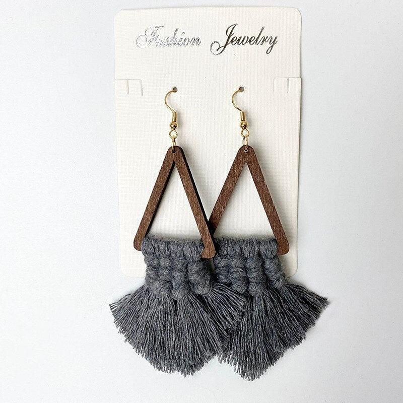 Wooden Tassel Triangle Dangle Earrings - Klazzi Fashion Boutique