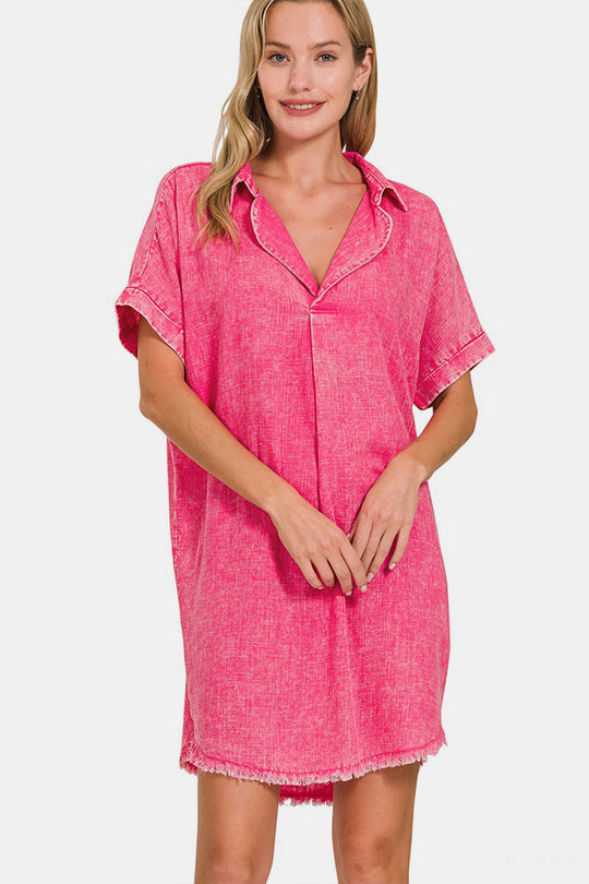 Zenana Pink Linen Distressed Dress