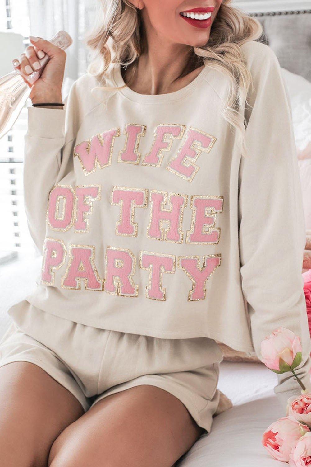 Beige "Wife Of The Party" Letter Print and Shorts Lounge Set - Klazzi Fashion Boutique