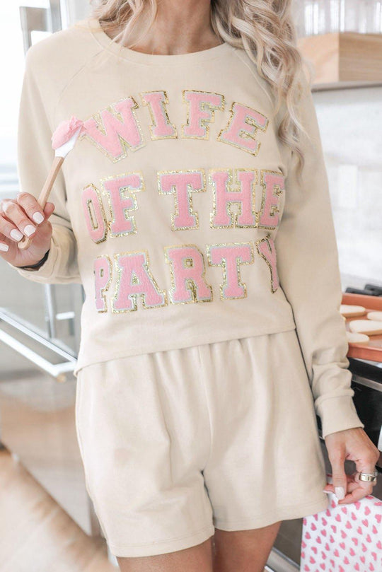 Beige "Wife Of The Party" Letter Print and Shorts Lounge Set - Klazzi Fashion Boutique