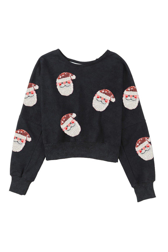 Black Cutout Back Santa Claus Graphic Sweatshirt - Klazzi Fashion Boutique