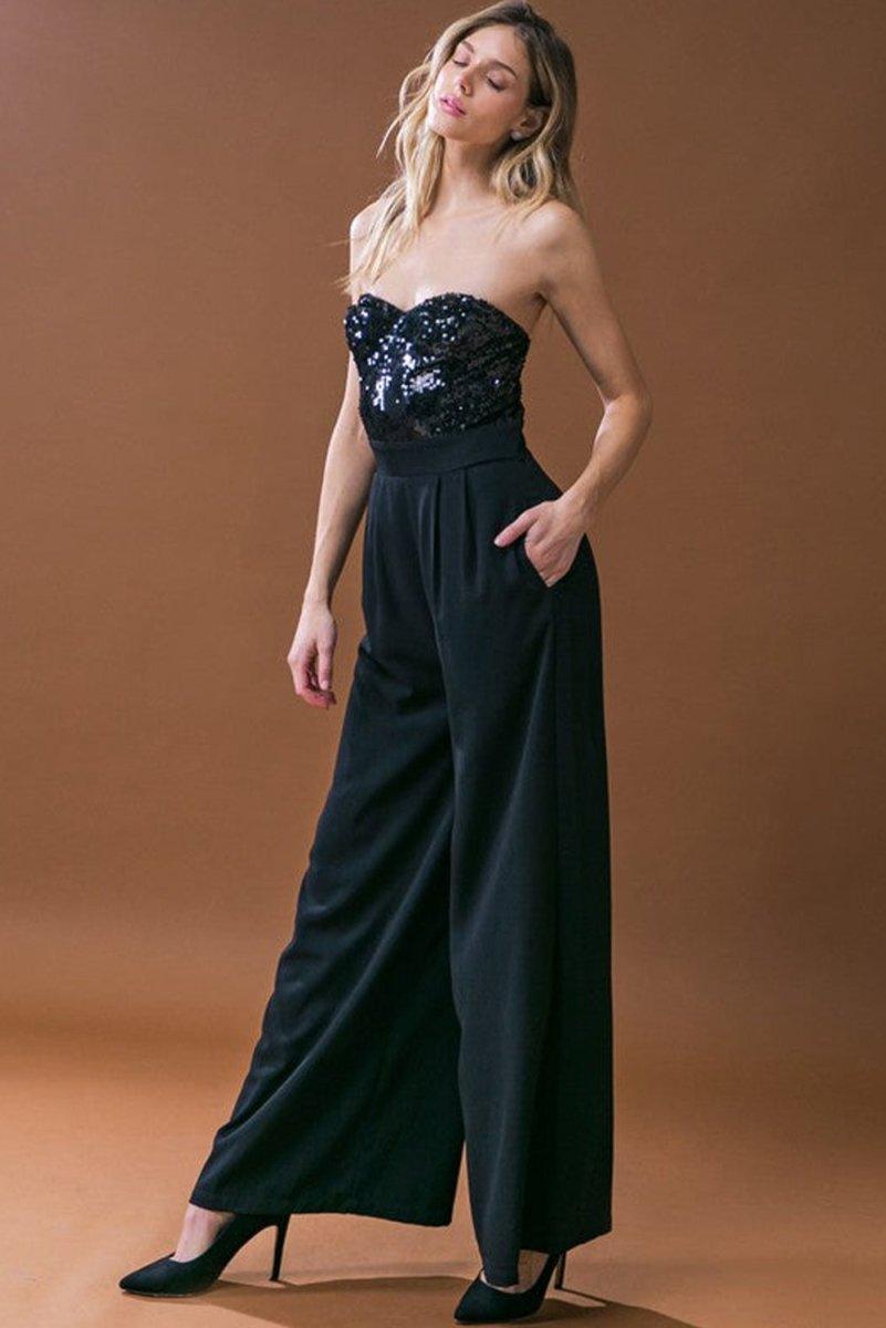 Black Elegant Strapless Sequin Wide Leg Jumpsuit - Klazzi Fashion Boutique