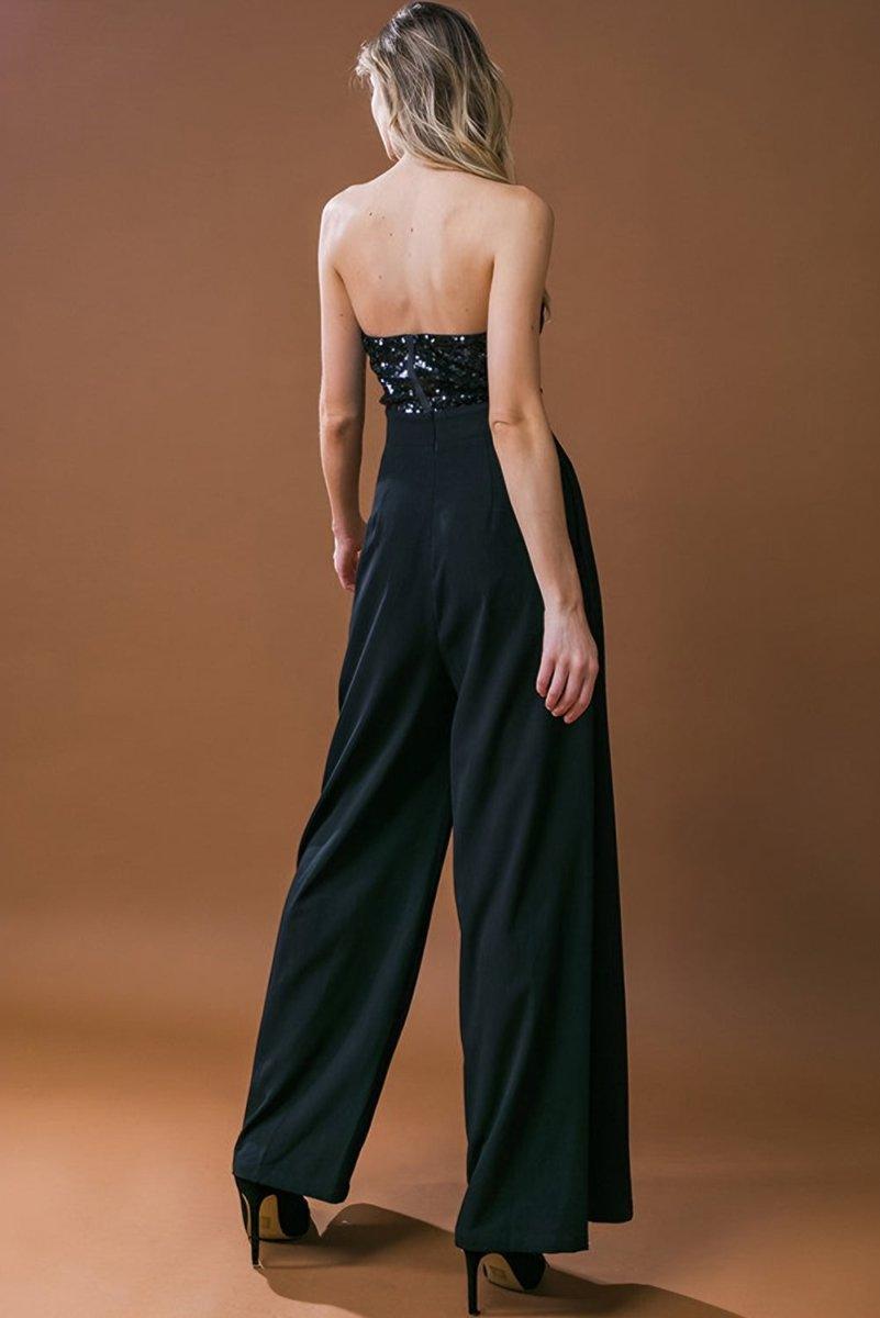 Black Elegant Strapless Sequin Wide Leg Jumpsuit - Klazzi Fashion Boutique