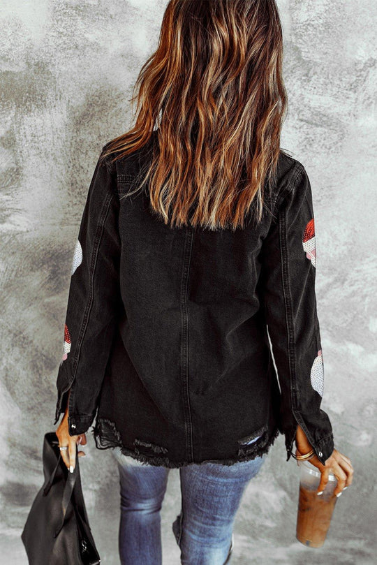 Black Frayed Sequined Santa Claus Graphic Denim Jacket - Klazzi Fashion Boutique