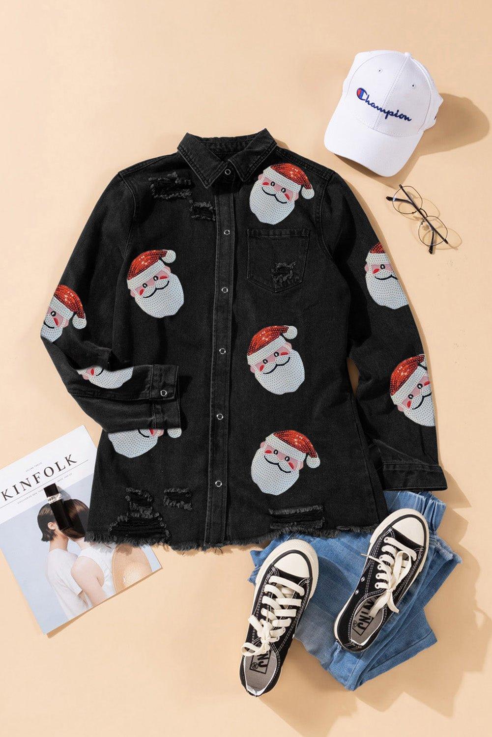 Black Frayed Sequined Santa Claus Graphic Denim Jacket