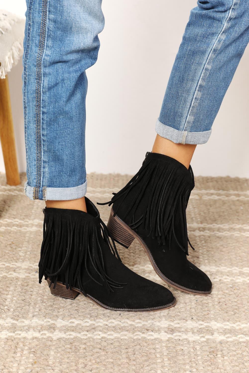Black Fringy Cowgirl Western Ankle Boots - Klazzi Fashion Boutique