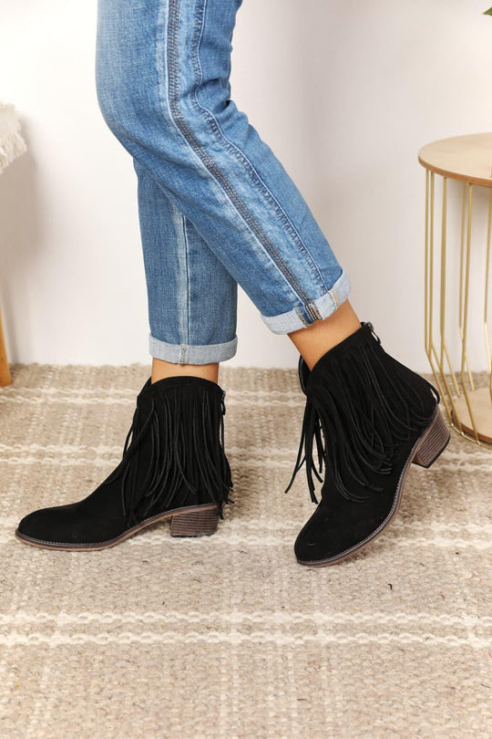 Black Fringy Cowgirl Western Ankle Boots - Klazzi Fashion Boutique