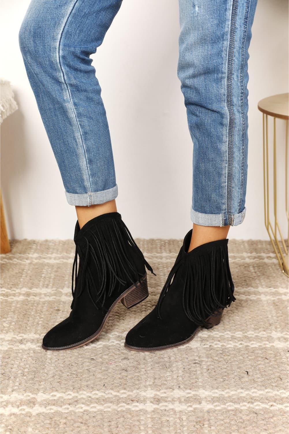 Black Fringy Cowgirl Western Ankle Boots - Klazzi Fashion Boutique