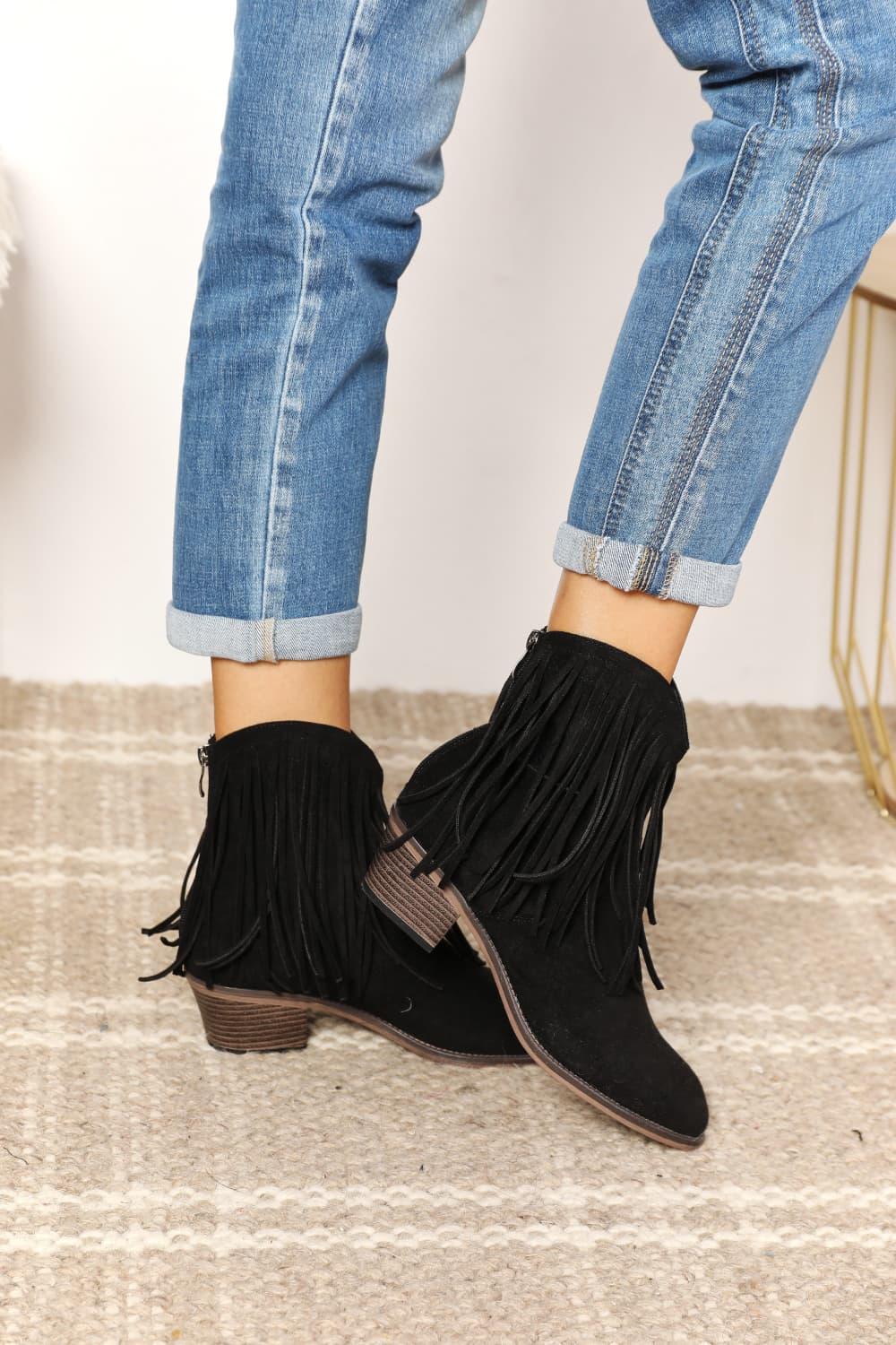 Black Fringy Cowgirl Western Ankle Boots - Klazzi Fashion Boutique