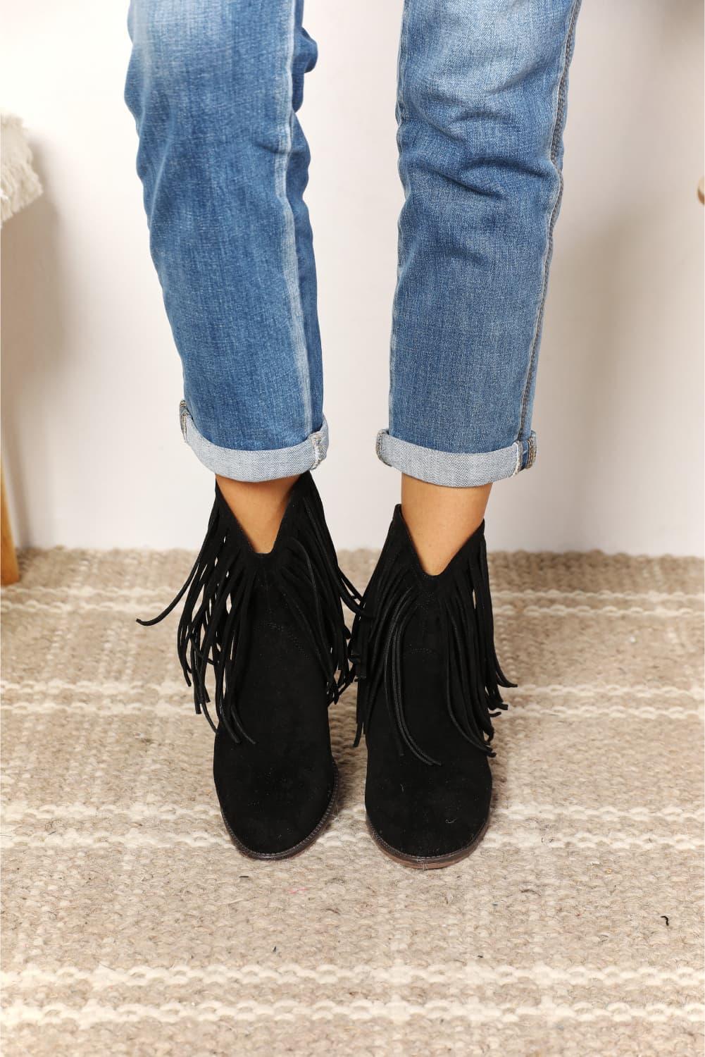 Black Fringy Cowgirl Western Ankle Boots - Klazzi Fashion Boutique