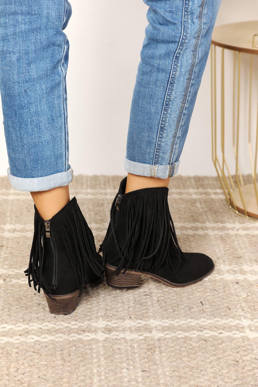 Black Fringy Cowgirl Western Ankle Boots - Klazzi Fashion Boutique