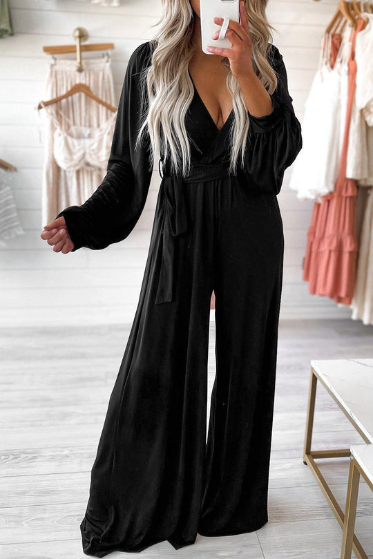 Black Peek-A-Boo Back Wide Leg Jumpsuit - Klazzi Fashion Boutique