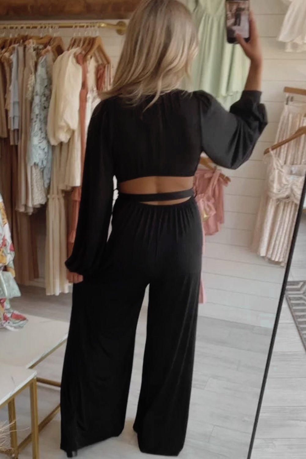 Black Peek-A-Boo Back Wide Leg Jumpsuit - Klazzi Fashion Boutique