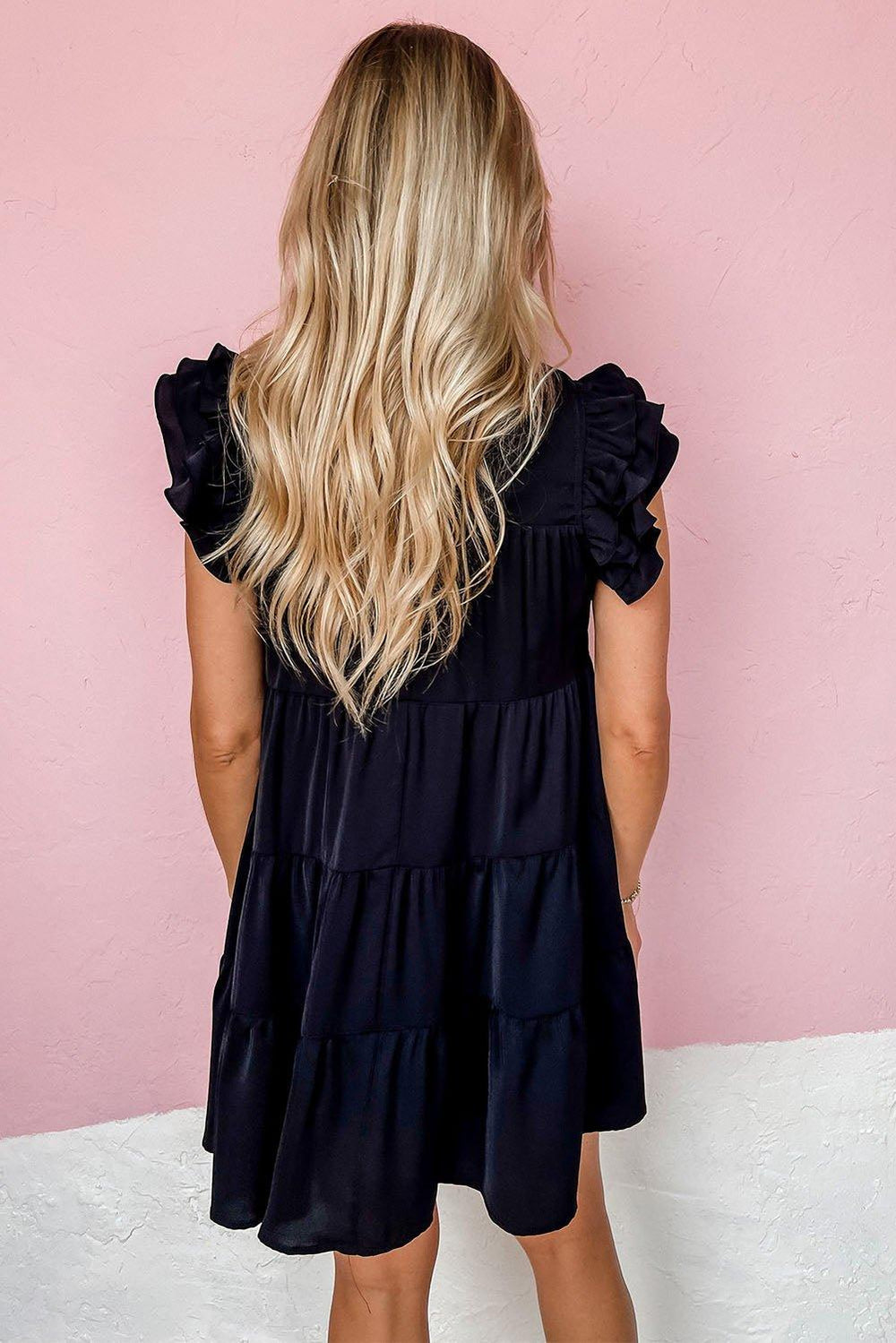 Black Ruffle Pleated Tiered Mini Dress - Klazzi Fashion Boutique