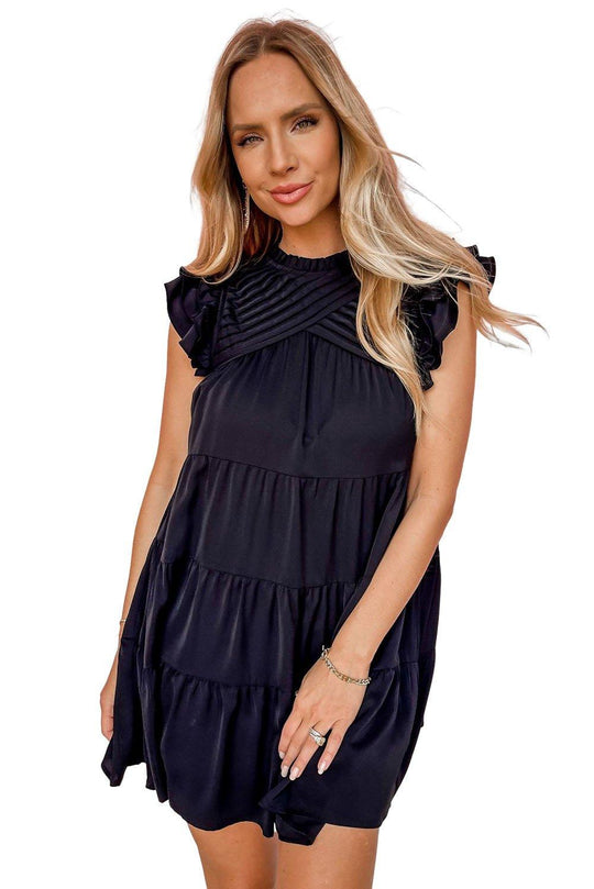 Black Ruffle Pleated Tiered Mini Dress - Klazzi Fashion Boutique