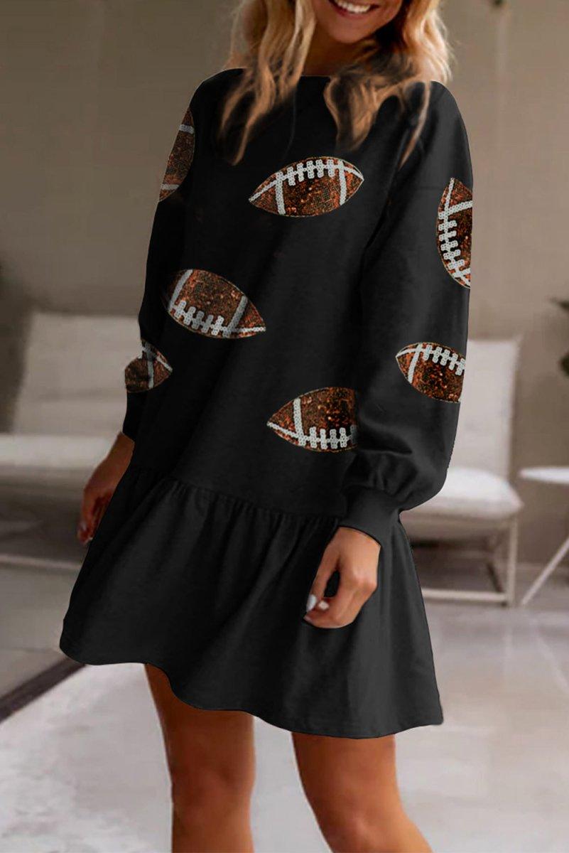 Black Sequin Game Day Football Rugby Ruffled Dress - Klazzi Fashion Boutique