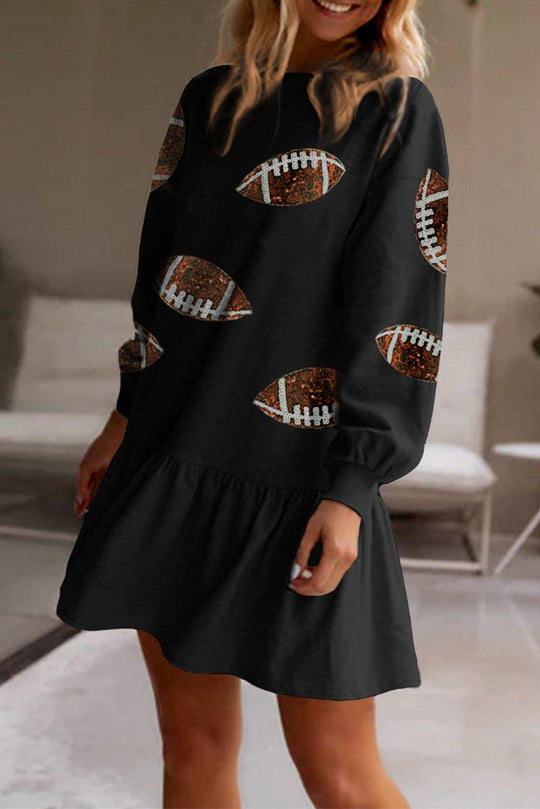 Black Sequin Game Day Football Rugby Ruffled Dress - Klazzi Fashion Boutique