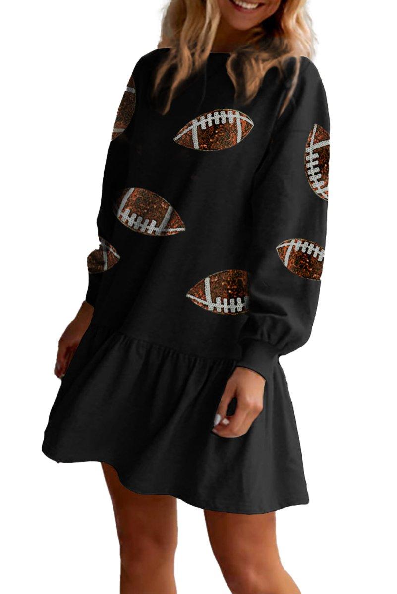 Black Sequin Game Day Football Rugby Ruffled Dress - Klazzi Fashion Boutique