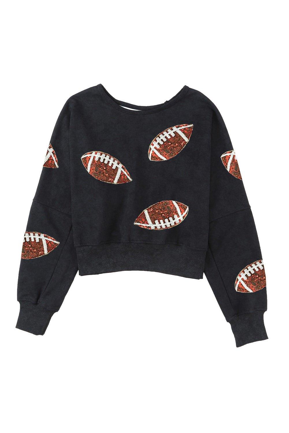 Black Sequined Rugby Graphic Sweatshirt - Klazzi Fashion Boutique