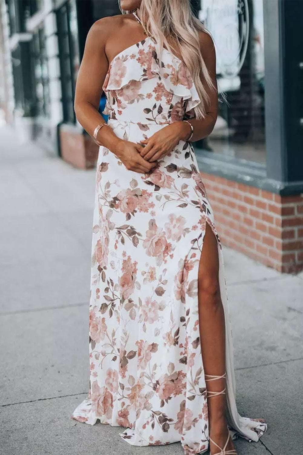 Boho Floral Slit Ruffled Halter Dress