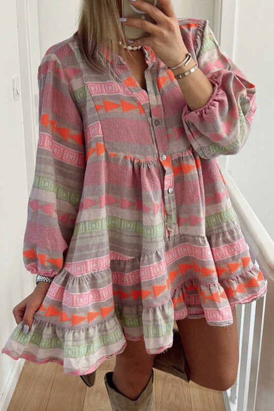 Boho Multicolor Puff Sleeve Dress - Klazzi Fashion Boutique